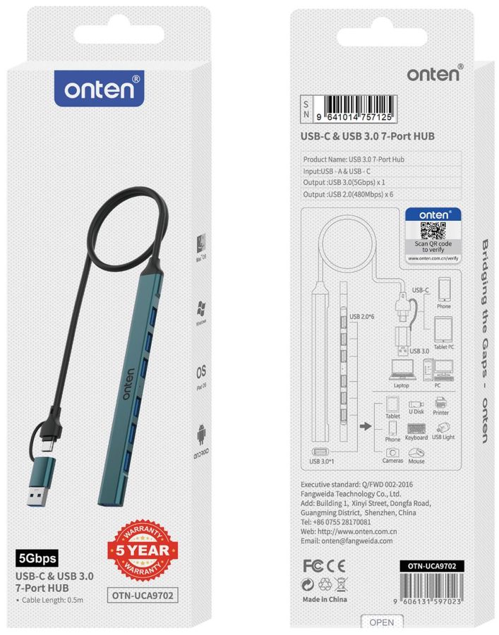 ONTEN OTN-UCA9702 USB-C+USB 3.0) Hub USB 2.0x6+USB 3.0